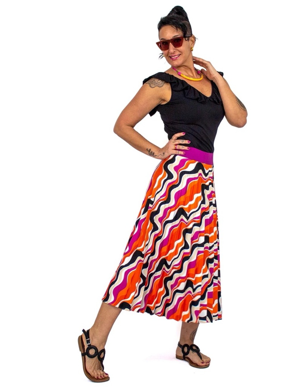 Lalipop Design Half Circle Pleated Midi Skirt with Colorful Wavy Print Size S